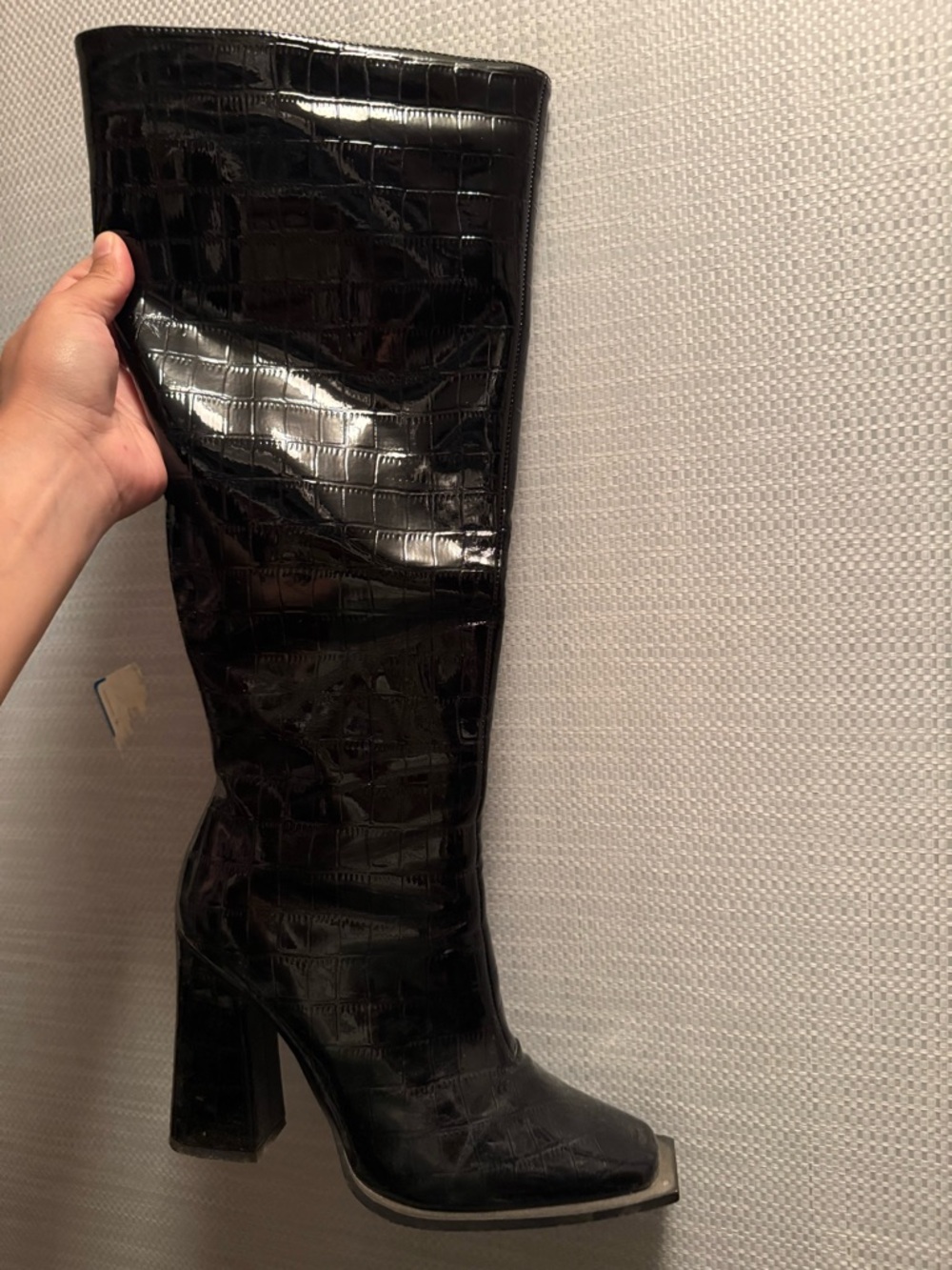 Princess Polly Black Croc-Embossed Over-The-Knee Block Heel Boots